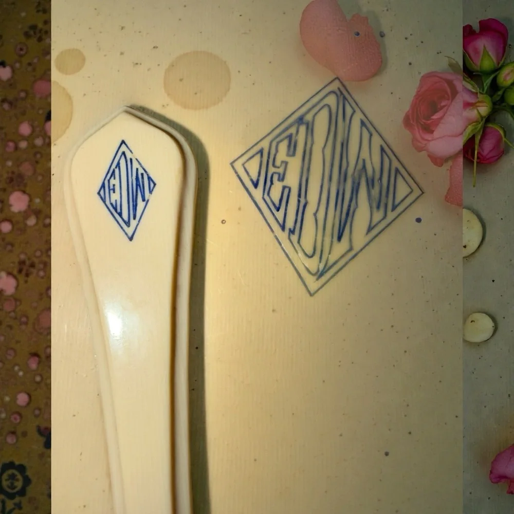 Vintage Cream Hand Mirror and file celluloid Set